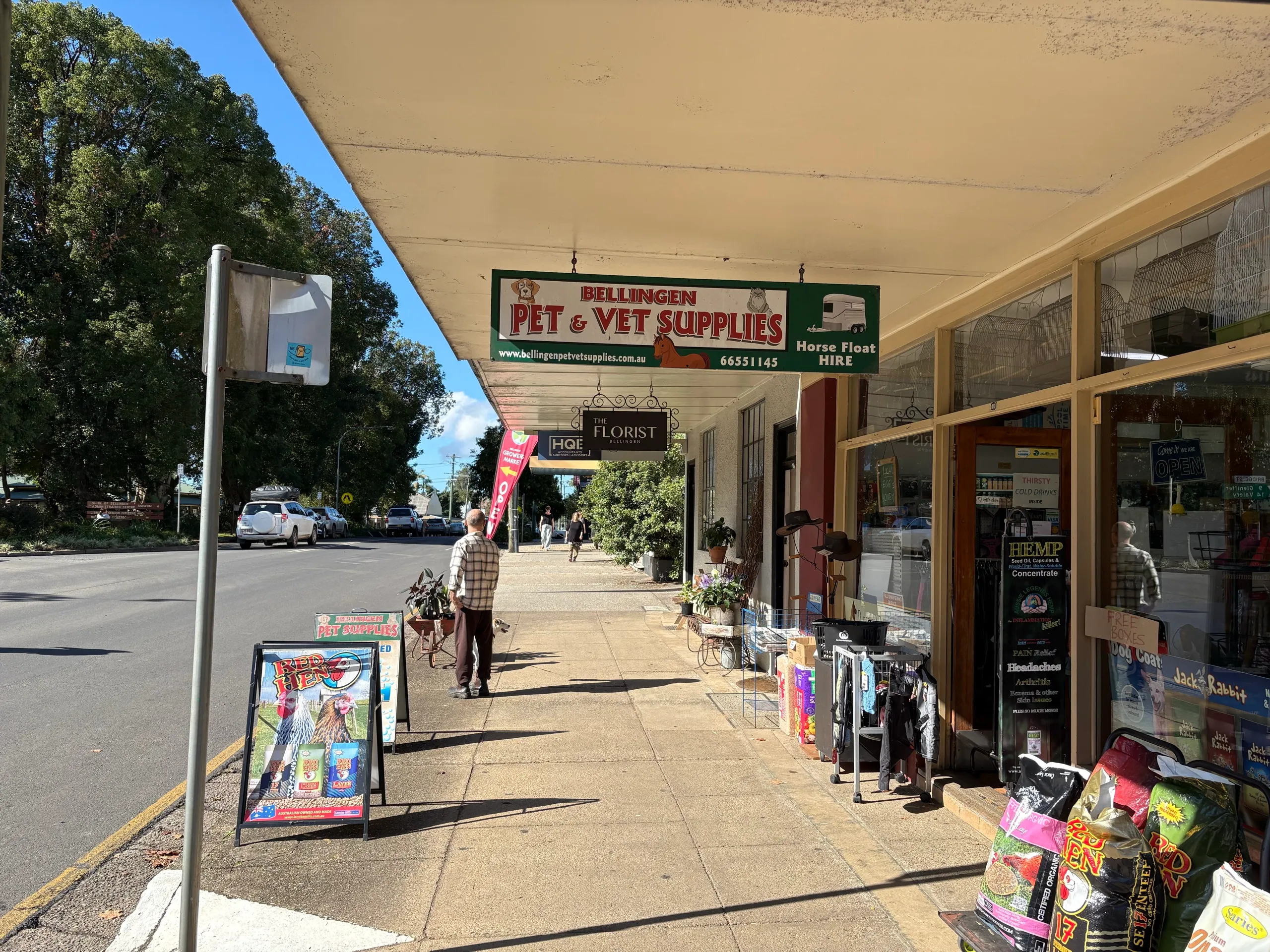 Quiet shopfronts and a footpath on the Bellingen main street