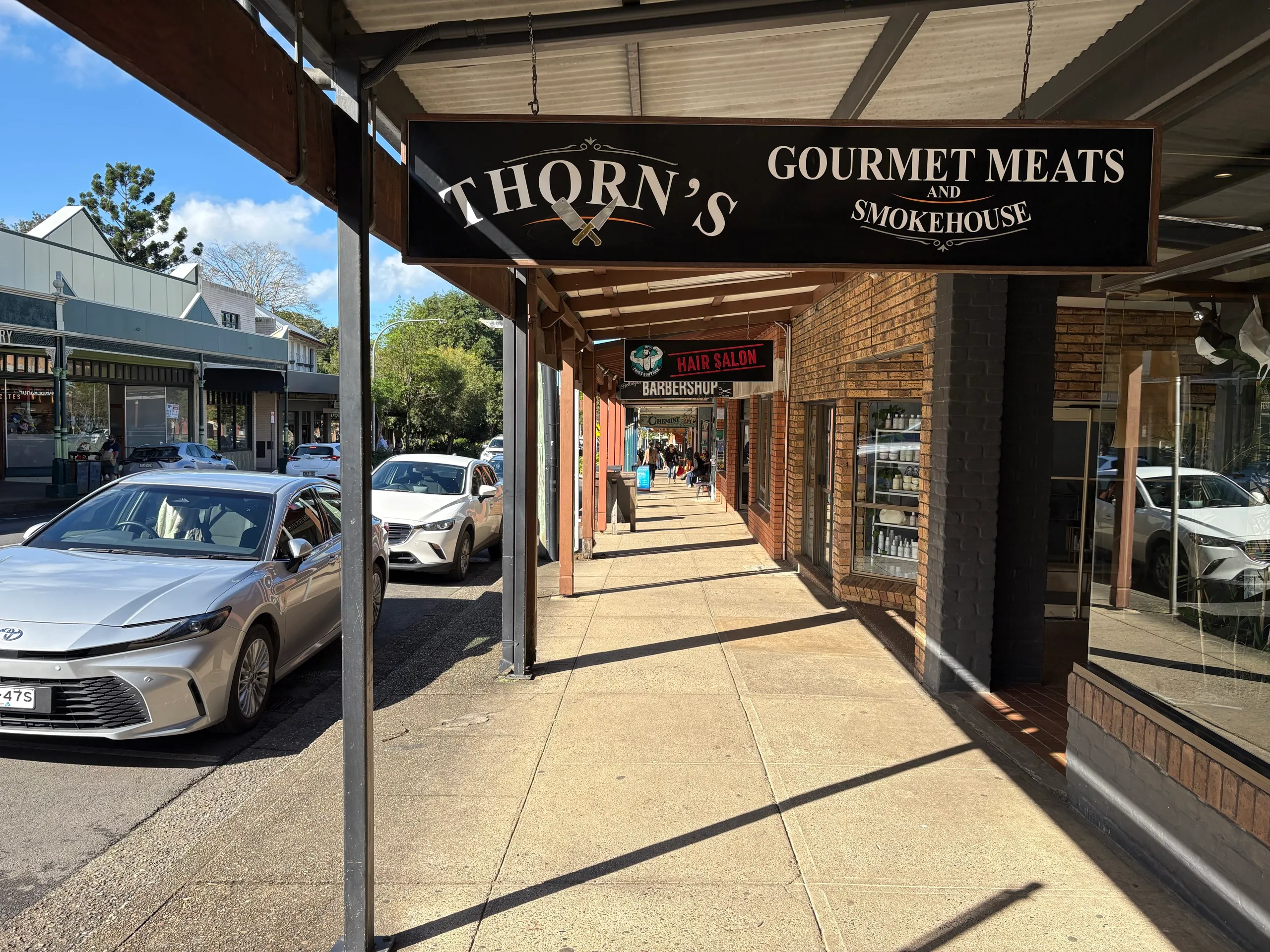 Shops and awnings along the main street in Bellingen