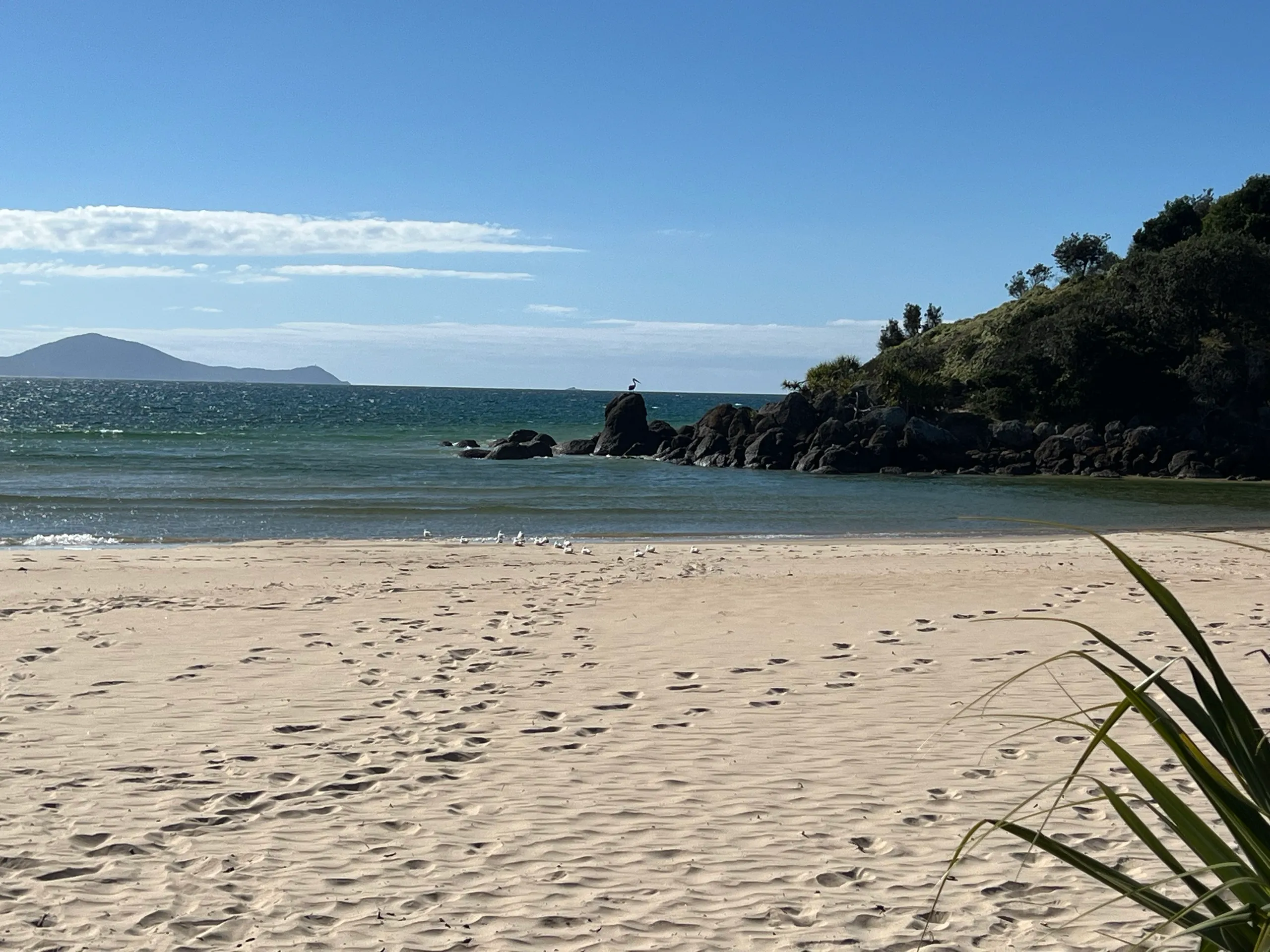 Hat Head beach with a rocky outcrop and distant capes on the Mid North Coast