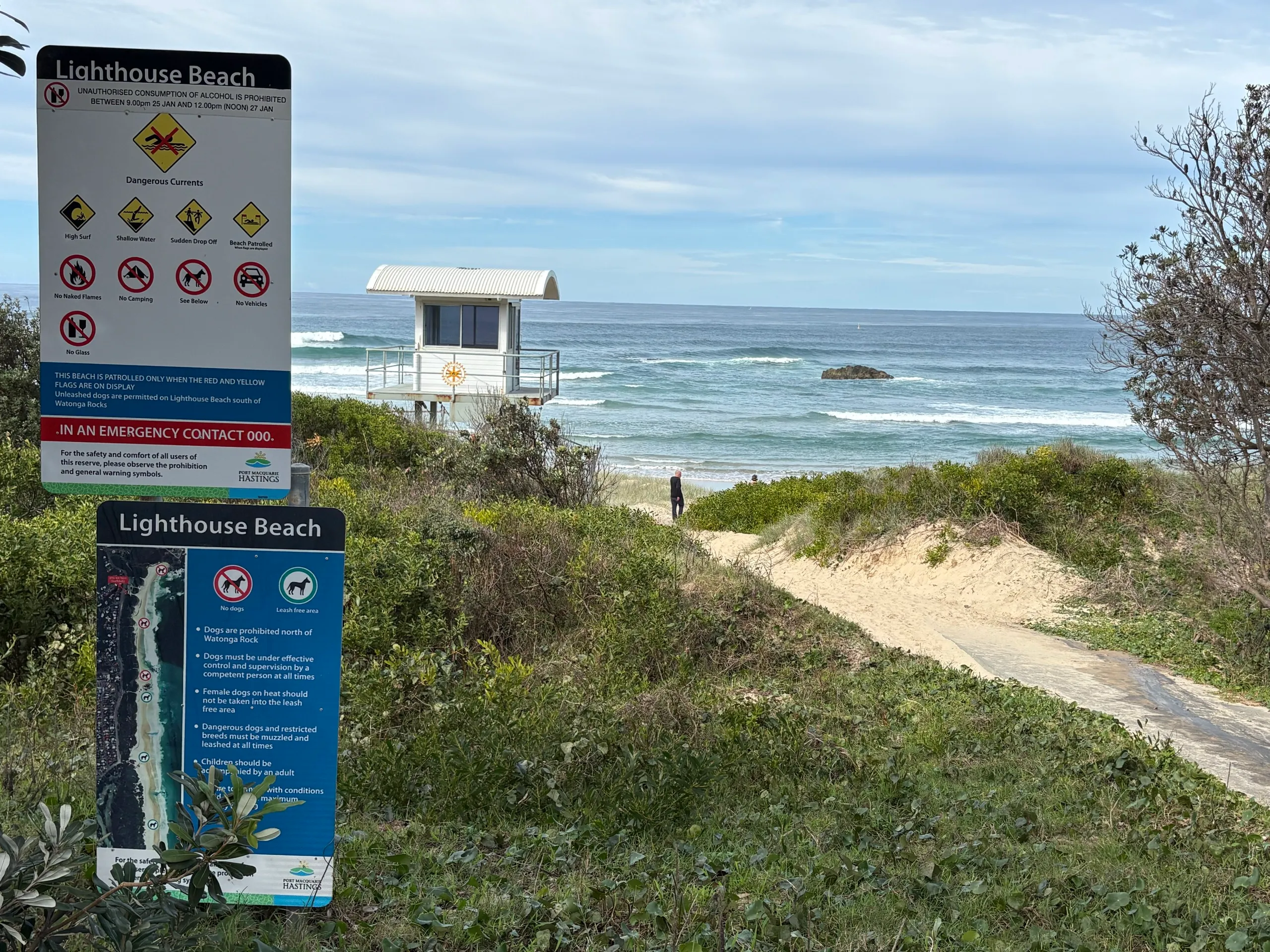 Lighthouse Beach with a lifeguard tower and dunes at Port Macquarie