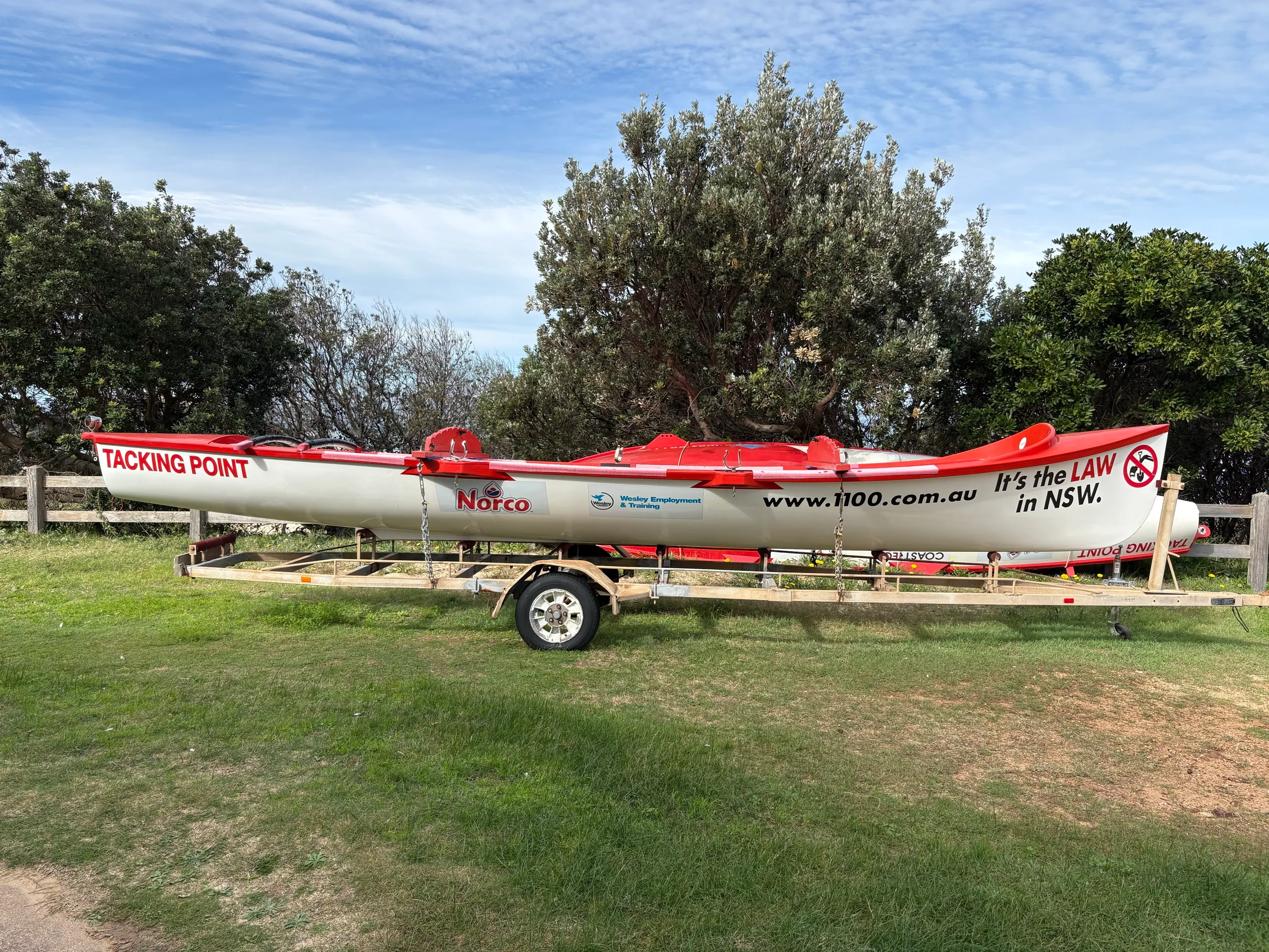 The Tacking Point surf rescue boat on a trailer at Port Macquarie