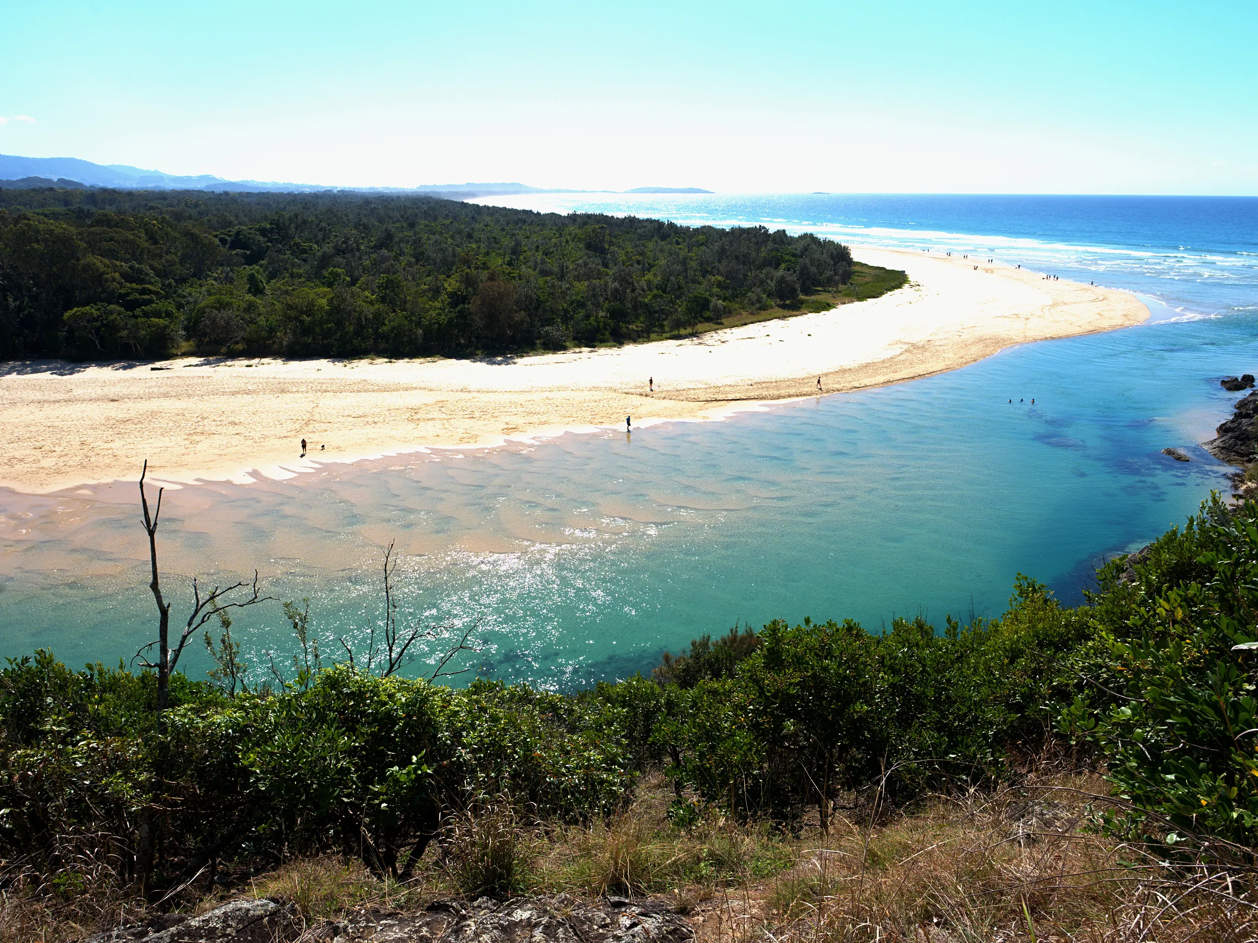 Boambee Creek meeting the sea beside a long sandspit, with Boambee Beach running north