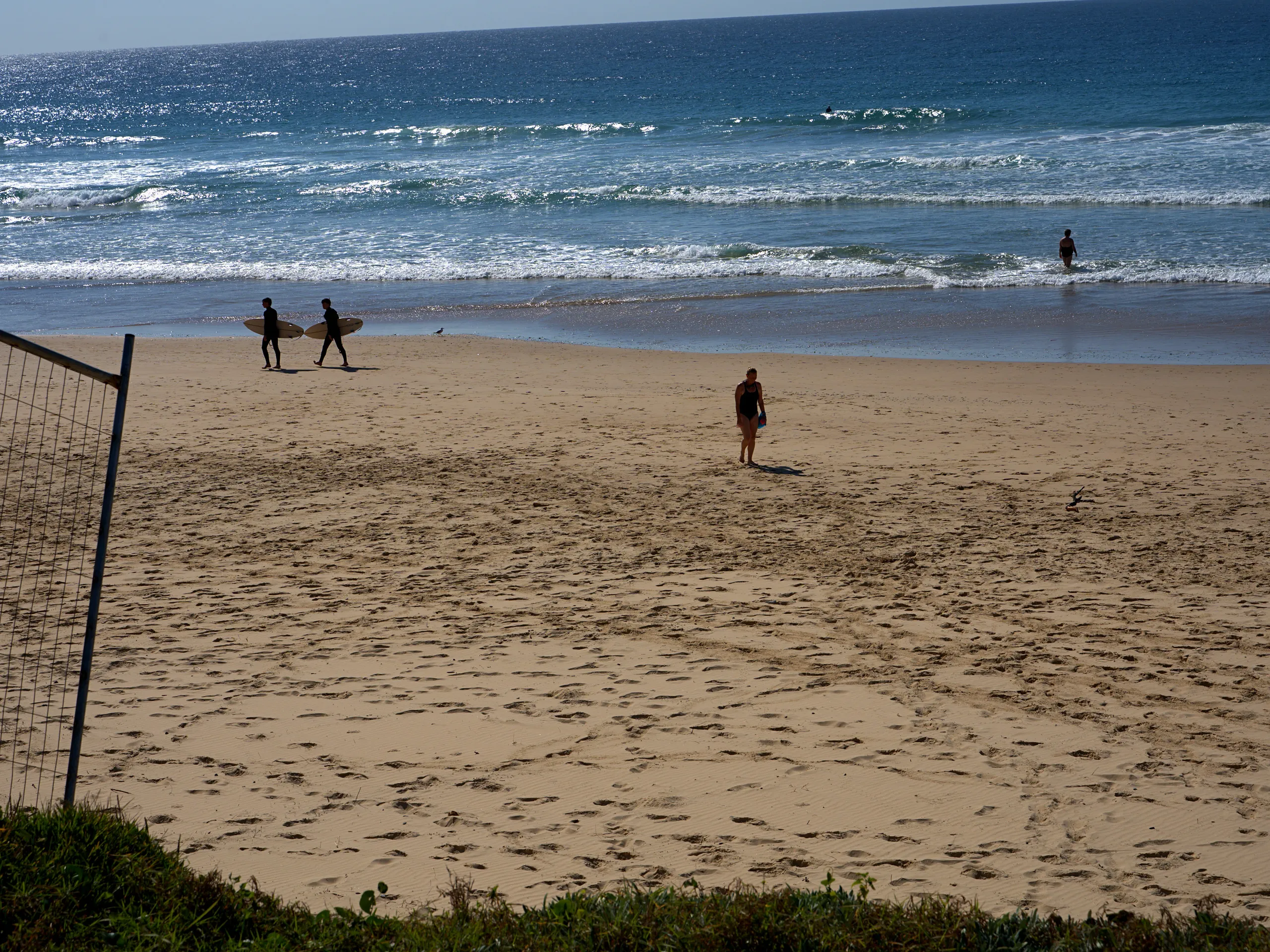 Surfers carrying their boards across the sand at Sawtell Main Beach