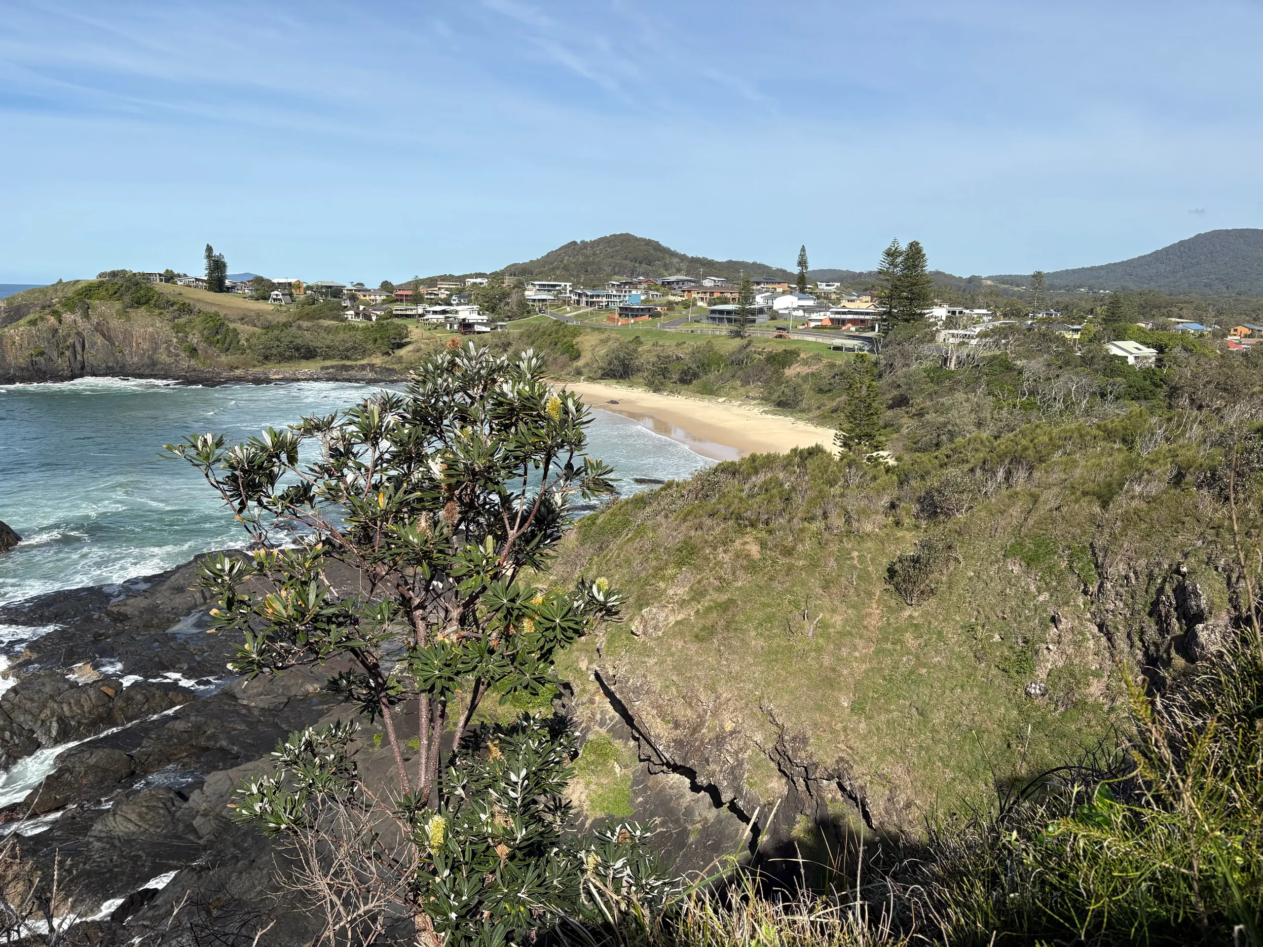 The view from the Scotts Head headland lookout over the point, Main Beach and the village on the hill
