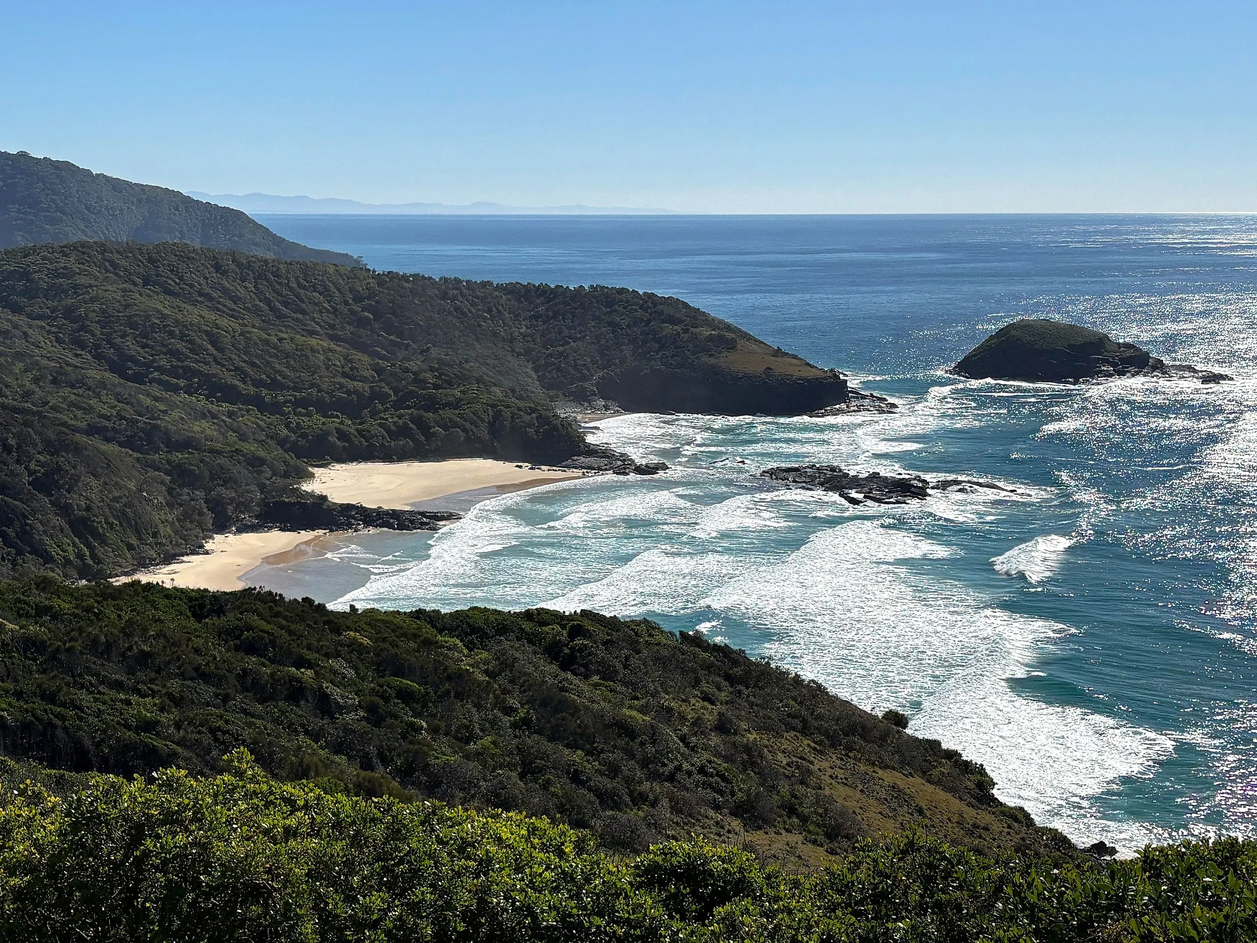 Small coves, forested slopes and an islet seen from Smoky Cape looking north