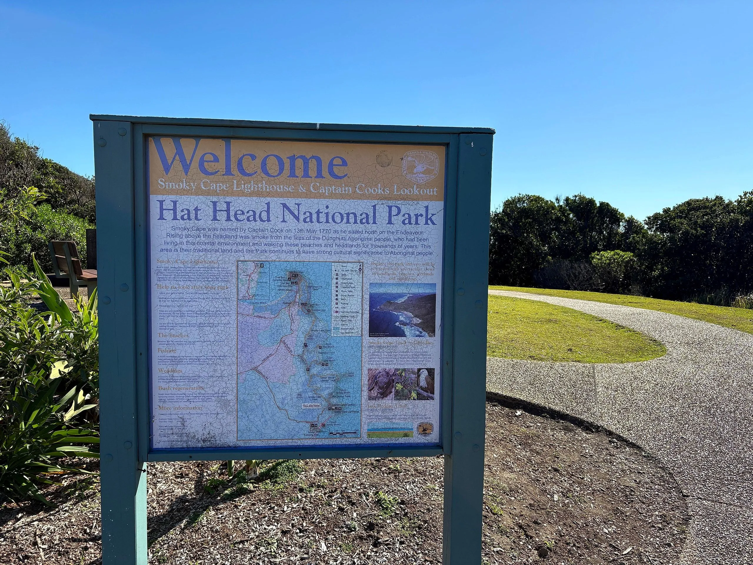 The Hat Head National Park welcome sign at the Smoky Cape car park