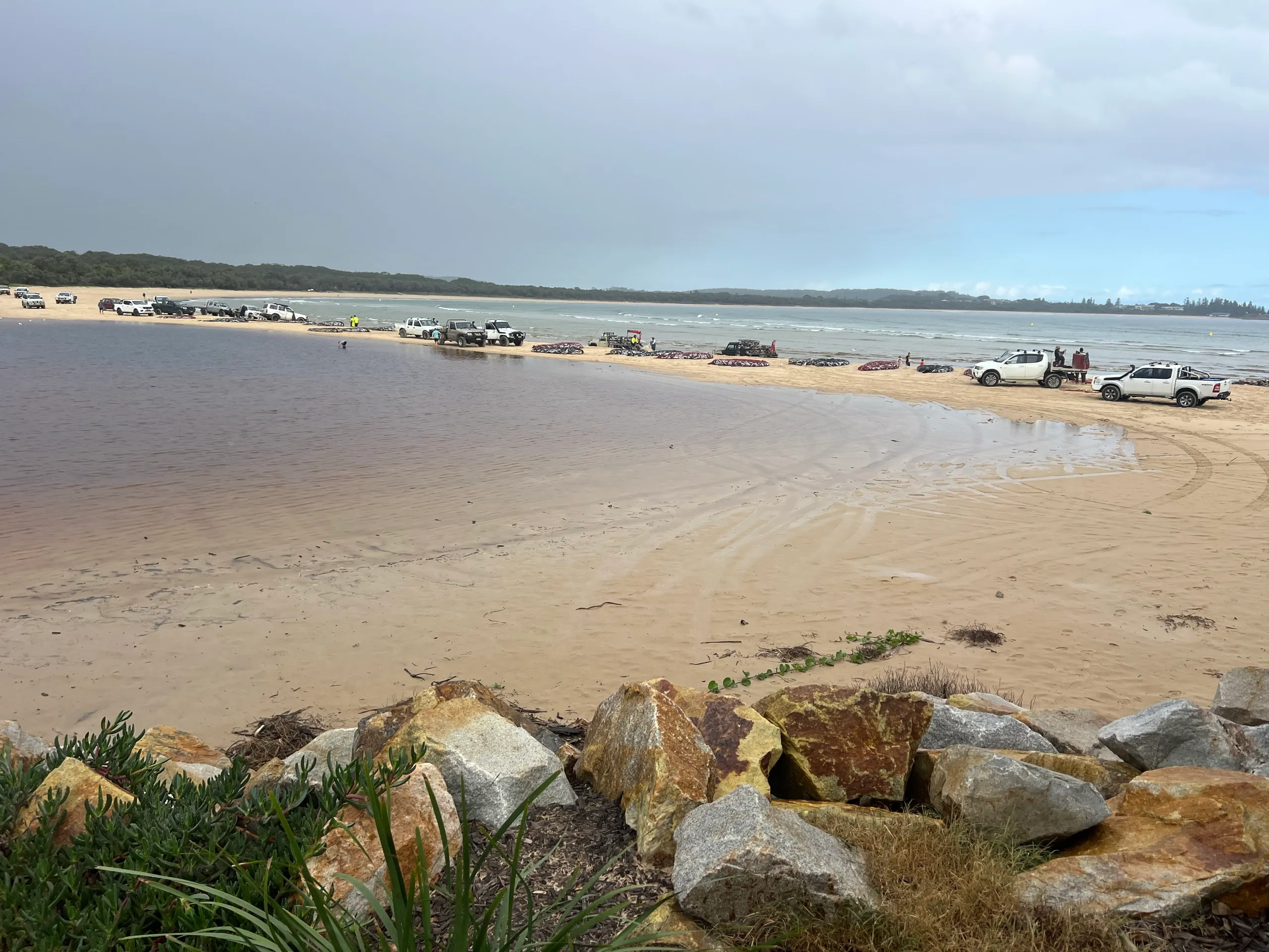 Mullet fishermen and their vehicles on the sand at Trial Bay, South West Rocks